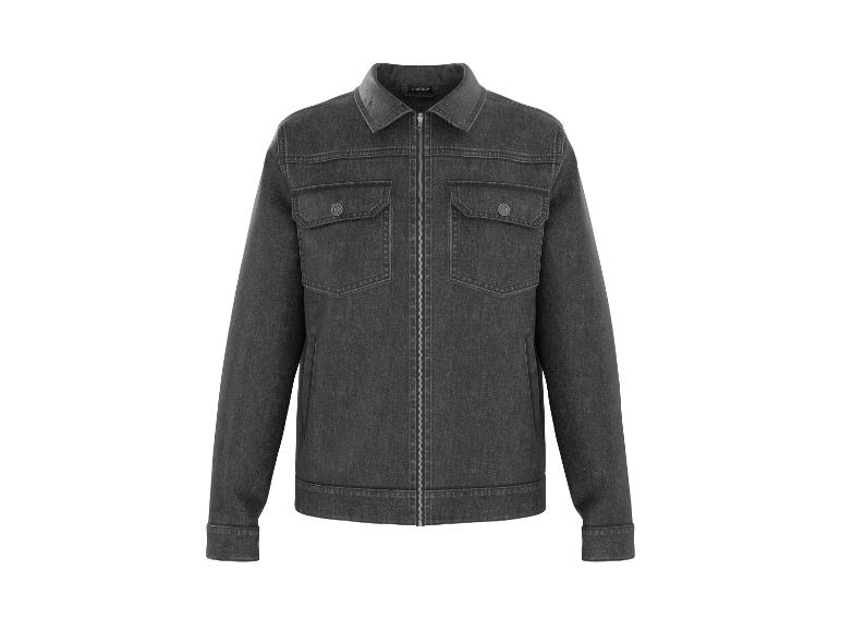Une veste en jean gris foncé à fermeture éclair.