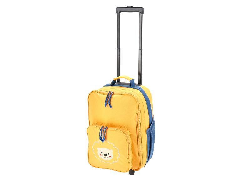Valise cabine jaune à roulettes avec un lion de dessin animé