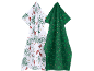 Deux torchons de Noël : un blanc avec pommes de pin et branches, un vert avec étoiles.