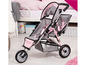 Une poussette pour poupées rose et grise avec un motif de papillon