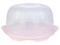 Une boîte à gâteau en plastique rose avec un couvercle transparent.