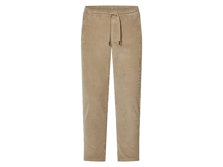Pantalon beige en velours côtelé avec cordon.