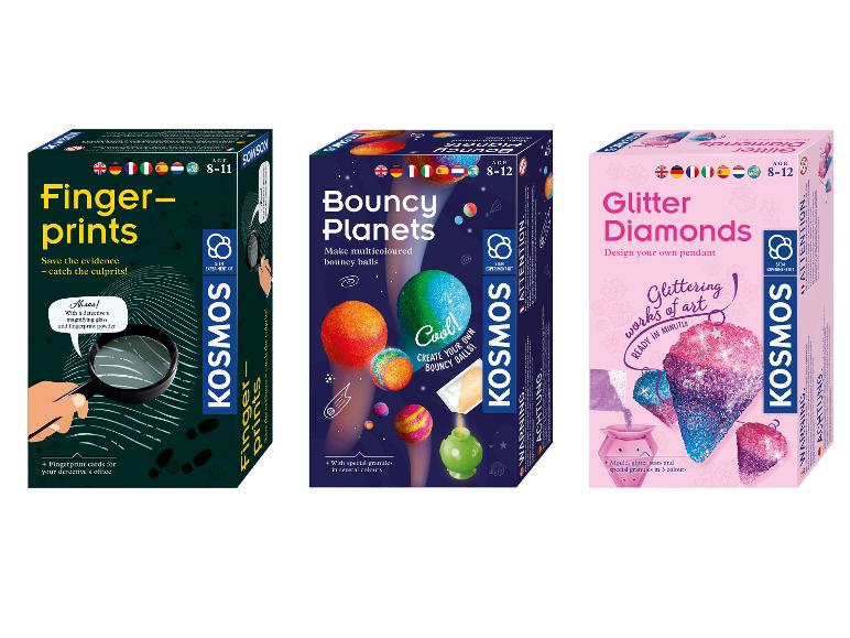 Trois kits scientifiques : empreintes digitales, planètes rebondissantes et diamants scintillants.