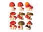 Douze figurines de champignons rouges et bruns.