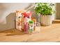 Boîte de rangement transparente avec des aliments, dont du couscous bio, du riz et des épices, et un plant de basilic.