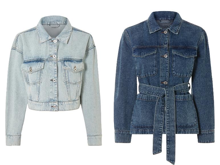 Deux vestes en jean, une bleu clair et une bleu foncé avec ceinture.