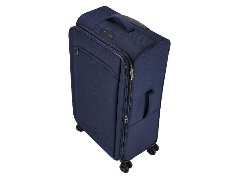 Valise de voyage bleue avec roulettes et poignée, vue de dessus.