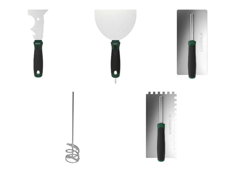 Ensemble d'outils pour carrelage Parkside avec spatules, truelle et mélangeur.