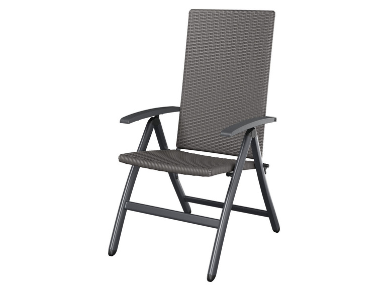 Une chaise de jardin pliable grise avec accoudoirs.