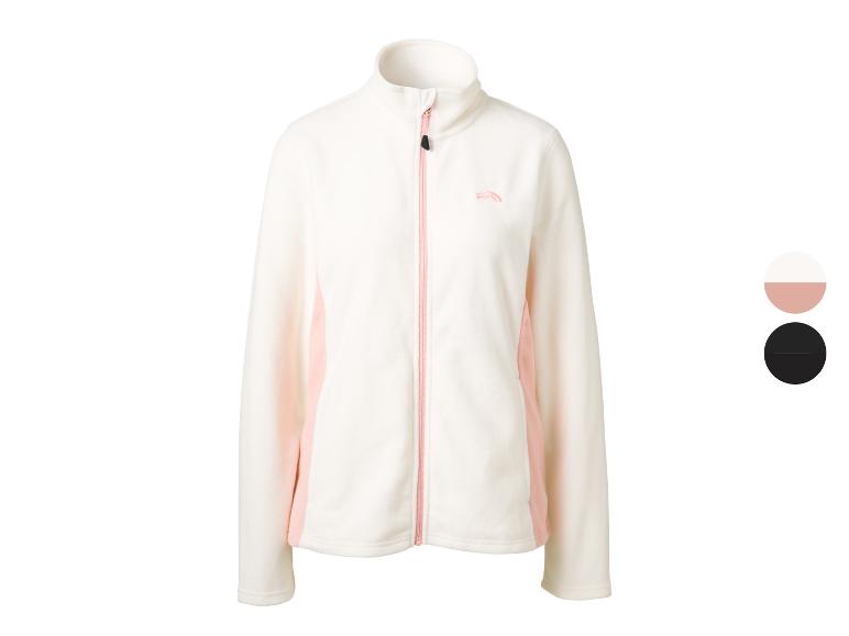 Veste polaire femme blanche avec des accents roses et une fermeture éclair intégrale.