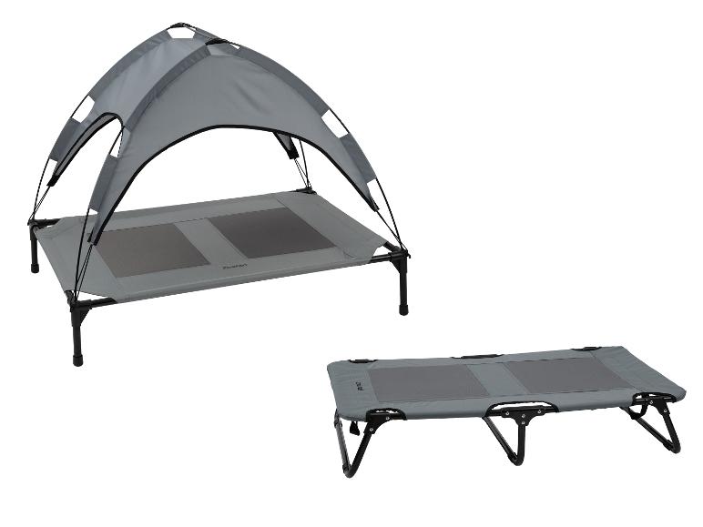 Lit surélevé gris pour animaux de compagnie avec auvent et version pliée.