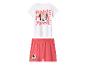 Pyjama pour fille avec un haut blanc à manches courtes et un short corail imprimé Minnie Mouse.
