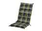 Coussin de jardin à carreaux verts et gris.