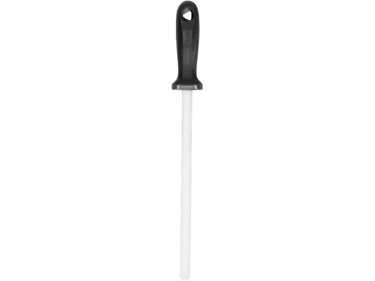 Fusil à aiguiser en céramique avec manche noir et tige blanche.