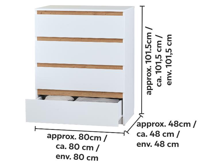 Commode blanche à quatre tiroirs avec détails en bois, mesurant 101,5x80x48 cm.