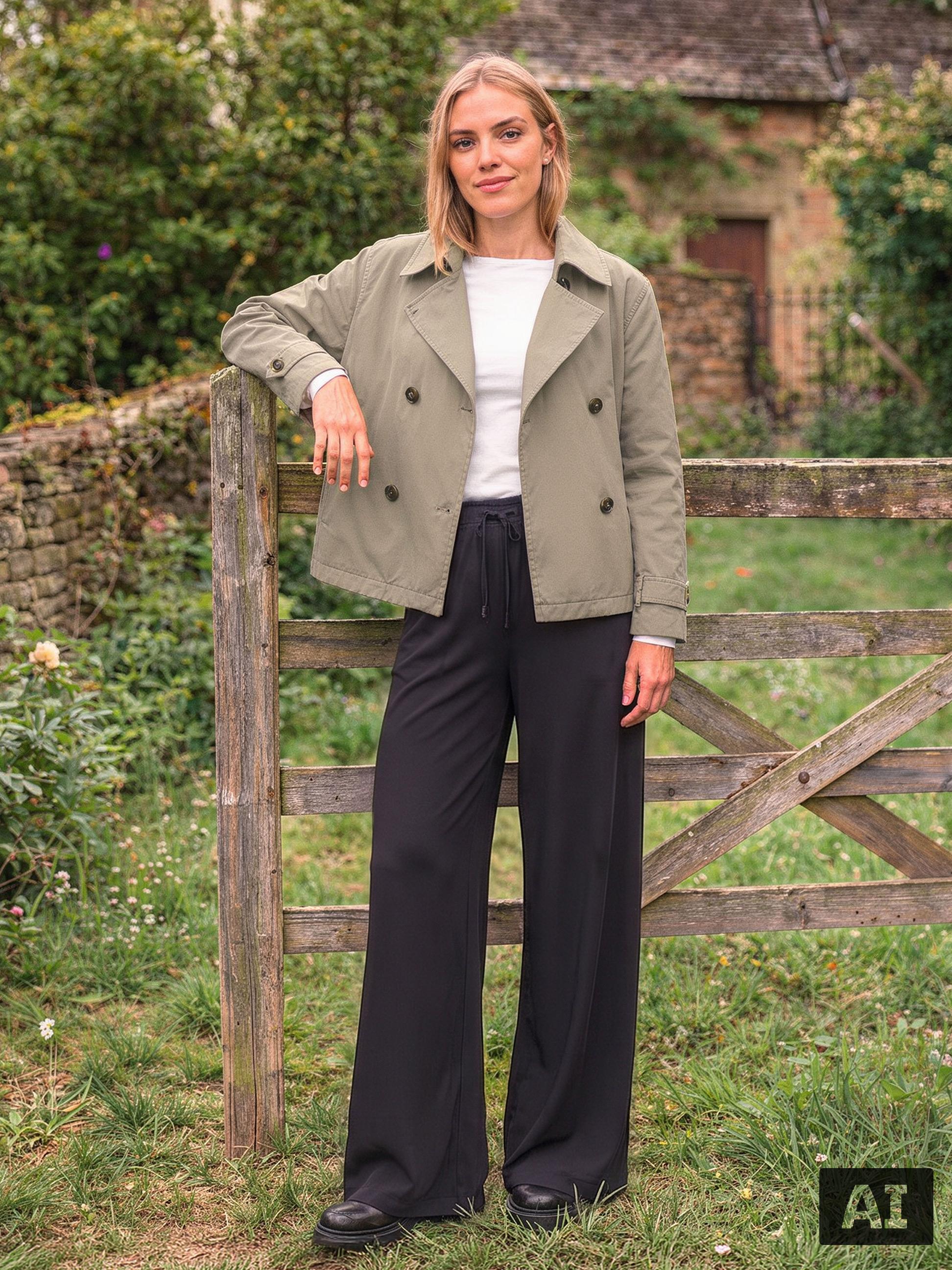 Femme en veste verte et pantalon noir, appuyée sur une clôture en bois.