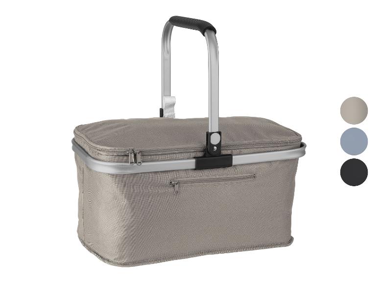 Panier de pique-nique pliable gris avec poignée en aluminium et fermetures éclair, avec options de couleur.