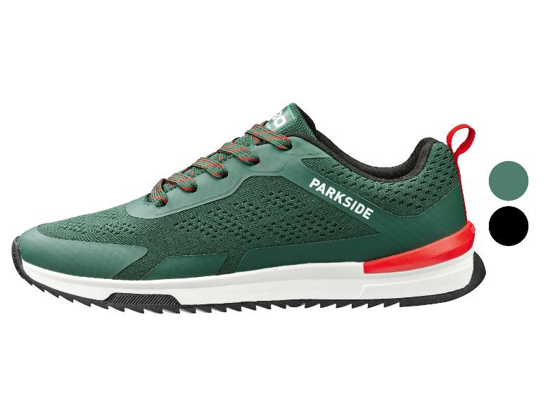 Chaussure de sport verte avec lacets rouges et semelle blanche, avec le texte 'PARKSIDE'.