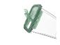 Récipient en plastique transparent avec couvercle vert et fermoir ouvert