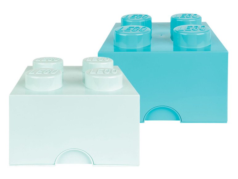Deux boîtes de rangement LEGO en bleu clair et turquoise.