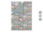 Parure de lit à motif floral et envers uni, avec trois motifs sur le côté.