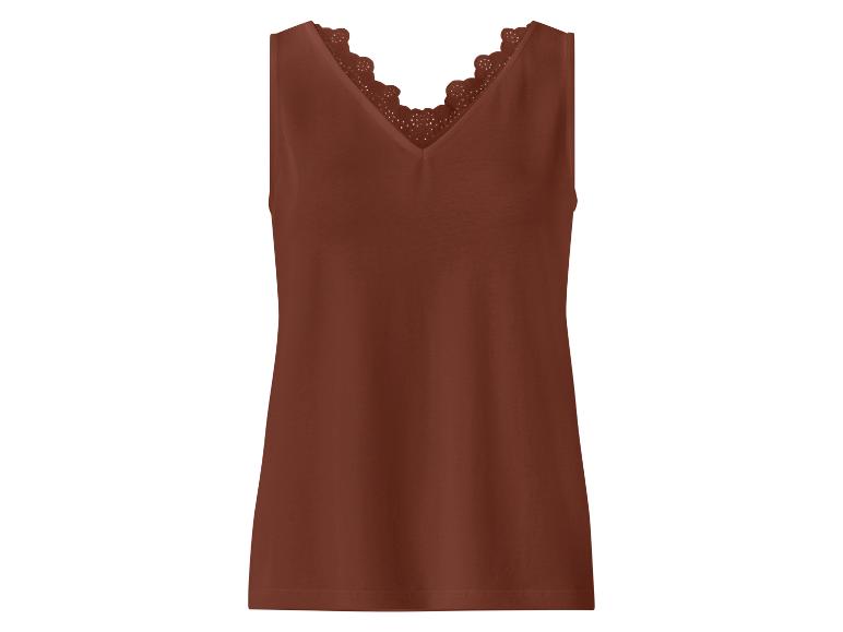 Débardeur femme marron-rouille avec décolleté en V et dentelle.
