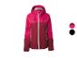 Veste d'extérieur pour femme rose et bordeaux avec capuche et fermeture éclair blanche.