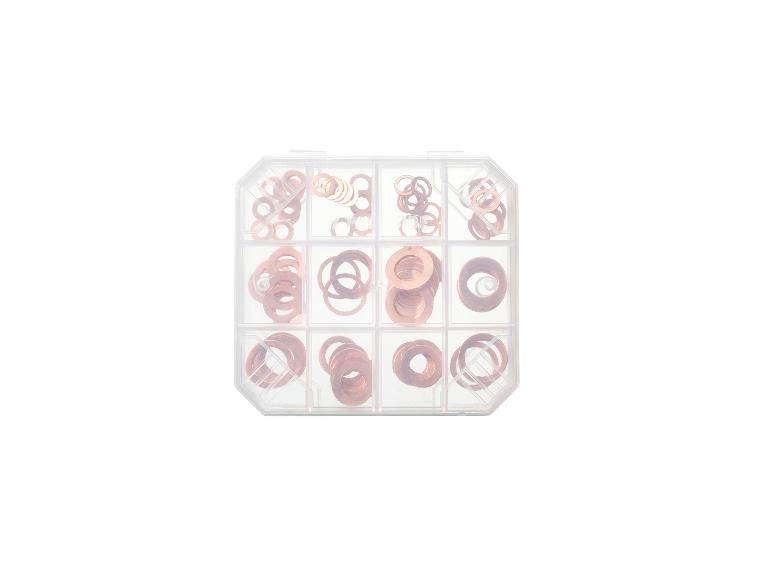 Assortiment de rondelles en cuivre dans une boîte de rangement transparente