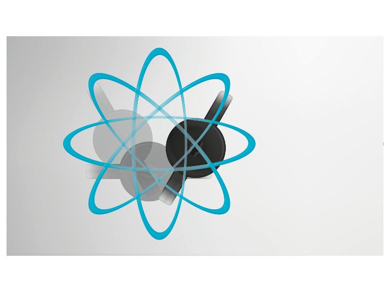 Représentation abstraite d'un atome avec des orbites bleues et un noyau noir.