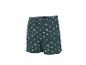 Short de bain vert foncé avec motif de palmiers blancs.
