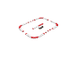 Circuit de course jouet avec des barrières rouges et blanches, des cônes et une voiture de course.