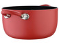 Une casserole rouge avec des poignées.