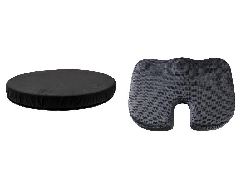 Coussin de siège rond noir et coussin de coccyx ergonomique gris.