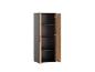 Armoire haute à deux portes, une gris foncé et une effet bois clair, avec étagères intérieures.