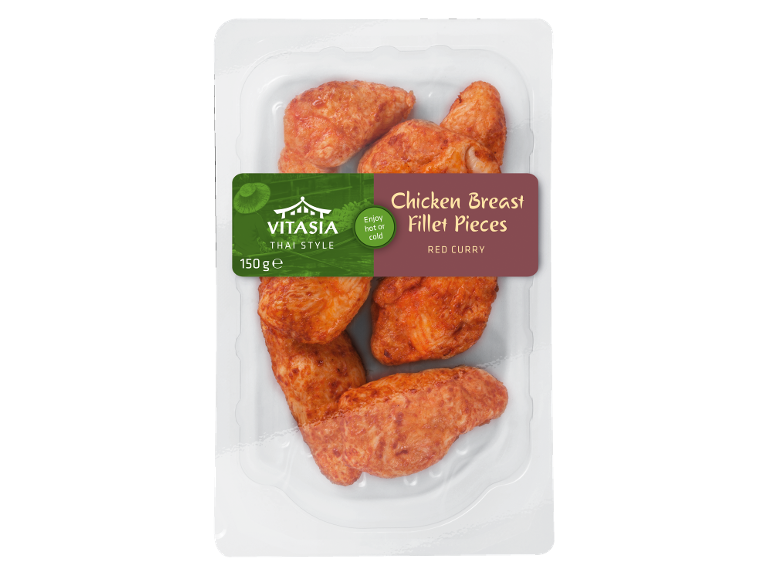 Morceaux de filet de poulet au curry rouge, 150g, style thaï, à déguster chaud ou froid.