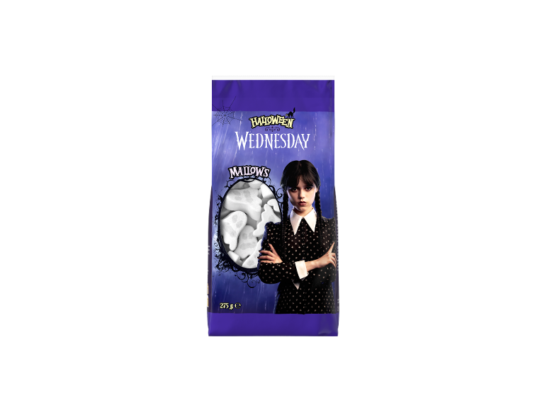 Paquet de guimauves Halloween sur le thème de Mercredi, avec des fantômes et Mercredi Addams.