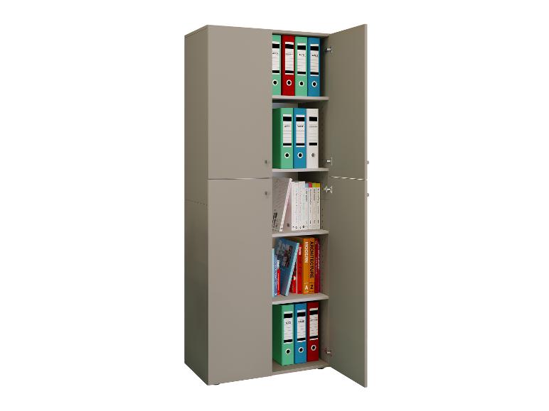 Armoire de classement grise avec portes ouvertes, remplie de classeurs colorés et de livres.