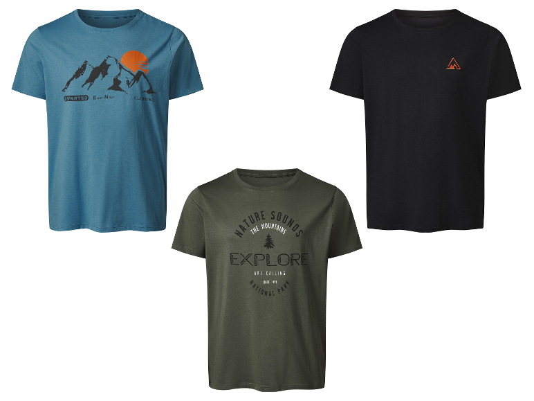 Trois t-shirts pour hommes sur le thème du plein air.