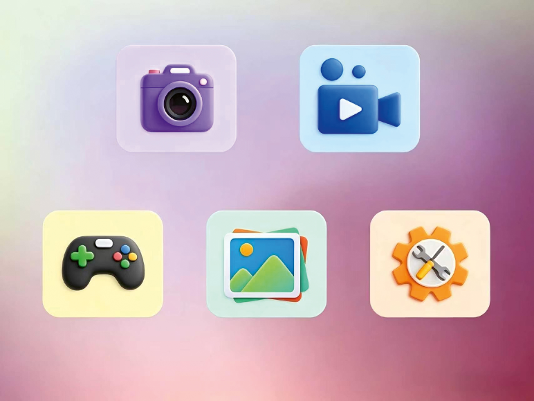 Icônes d'applications : appareil photo, caméra vidéo, manette de jeu, galerie de photos et paramètres.