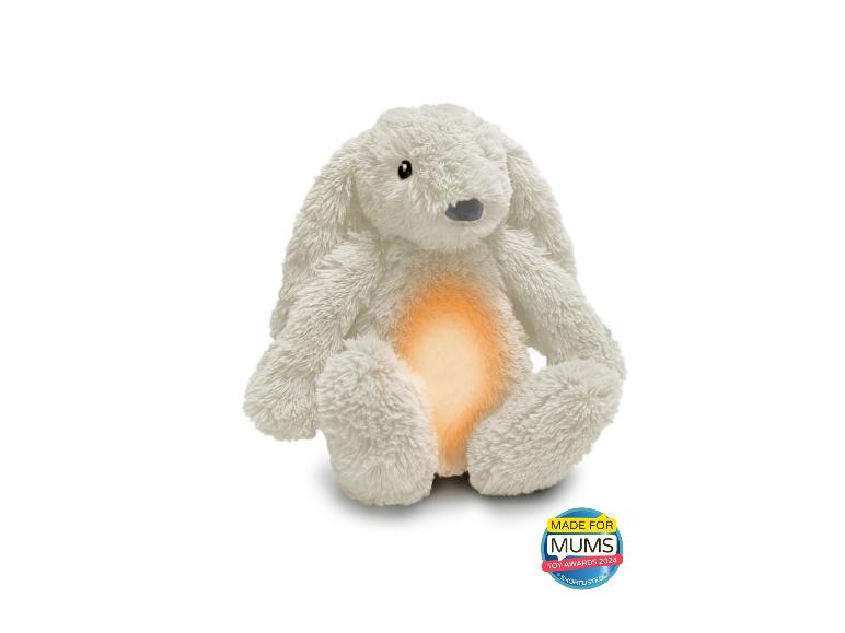 Lapin en peluche blanc au ventre orange, récompensé par les « Made for Mums Toy Awards 2024 Shortlisted ».
