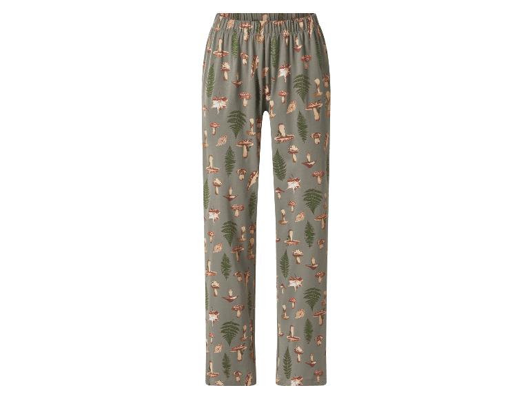 Pantalon de pyjama vert à motif de champignons et de fougères.