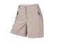 Shorts de sport beiges avec fermetures éclair et un bouton.