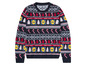 Un pull de Noël bleu avec un motif d'arbre de Noël, de cannes en sucre et de cadeaux avec le logo Lidl.