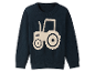 Pull bleu marine pour enfant avec un motif de tracteur.