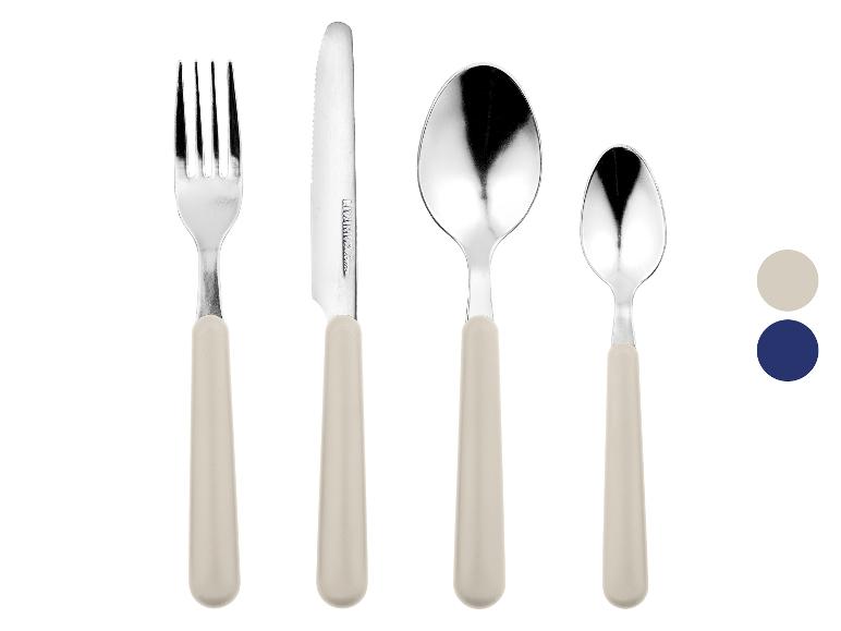 Couverts Livarno Living : fourchette, couteau, cuillères (grande et petite), poignées beige.