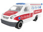 Une ambulance blanche avec des rayures rouges et une étoile de premiers secours.