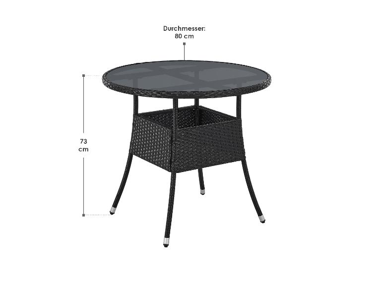 Table de jardin ronde en rotin noir avec plateau en verre, 73 cm de haut et 80 cm de diamètre.