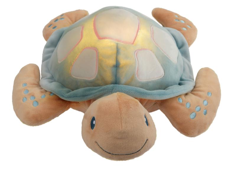 Peluche tortue lumineuse, bleue et dorée