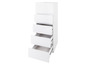 Une commode blanche avec cinq tiroirs, dont trois sont ouverts.