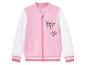 Une veste bomber rose avec des manches blanches et un motif de papillon.